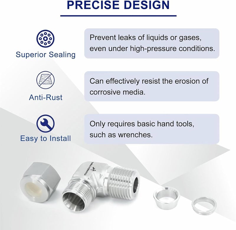 VALVENTO 316 Stainless Steel 90 Degree Compression Tube Fitting 1/2" OD x 1/2" NPT Male Adapter Connector with Double Ferrules for Oil, Chemical, and Natural Gas Connections, 1 PC - Image 5